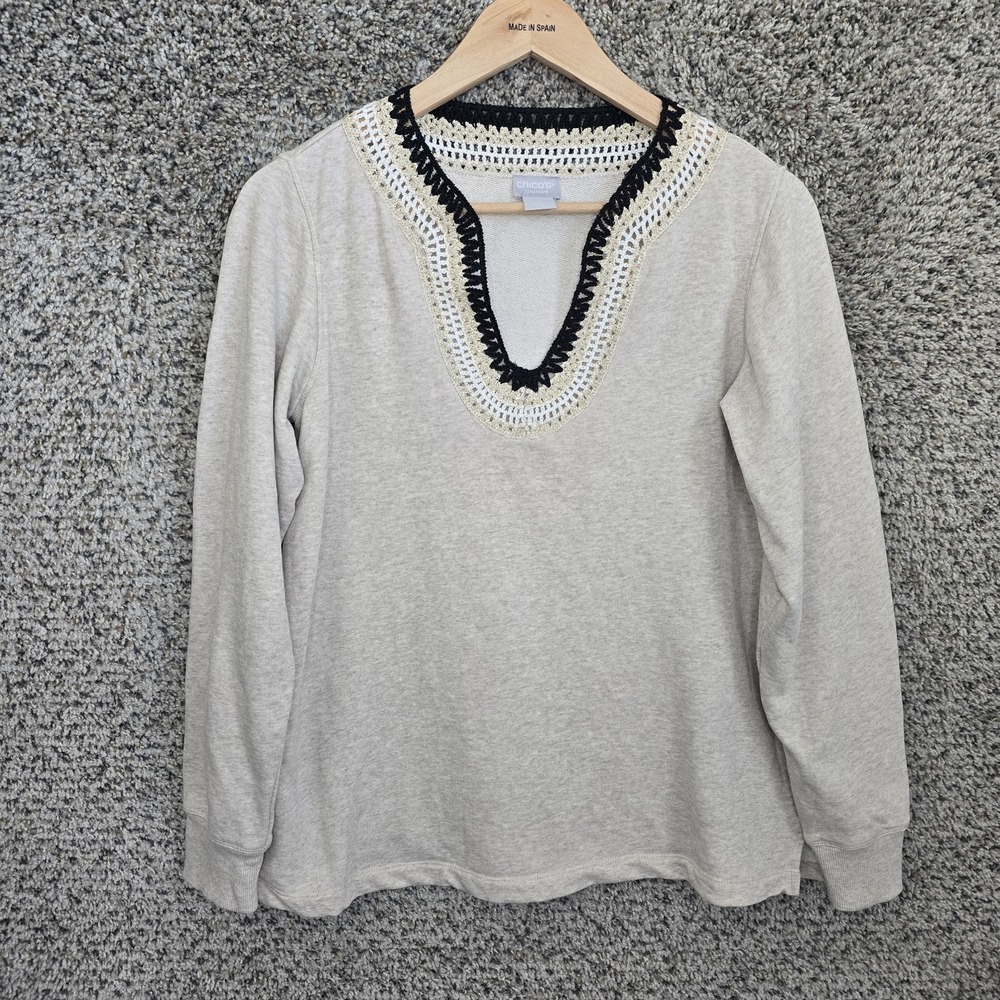 Chicos Zenergy Top Womens 0 US Smallโ Beige Crochet Trim Neckline Casual Ladies